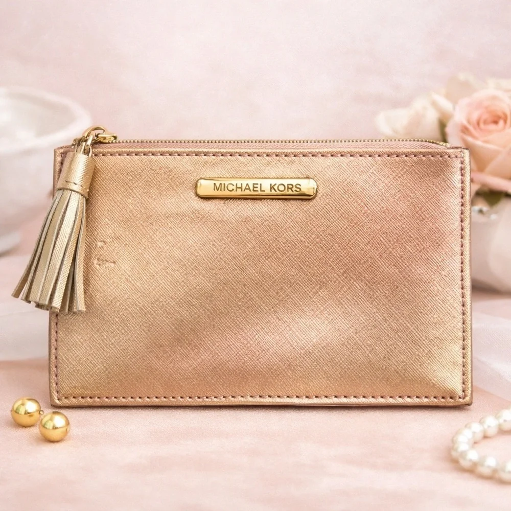 Michael Kors Rose Gold Zip Clutch Wristlet Metallic Saffiano Pouch
